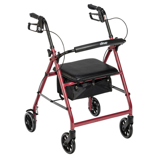 Rollator Rolling Walker with 6" Wheels, Fold Up Removable Back Support and Padded Seat, Red